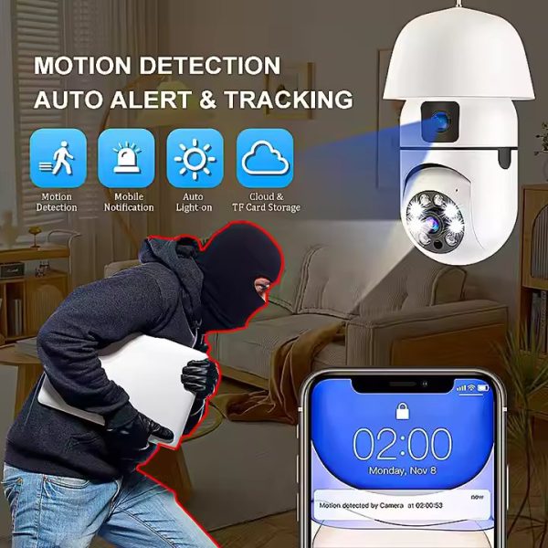 4MP Dual-Lens PTZ WiFi Bulb Camera – Indoor Security Camera with Motion Tracking, Night Vision & 2-Way Audio (E27 Socket) - Image 3